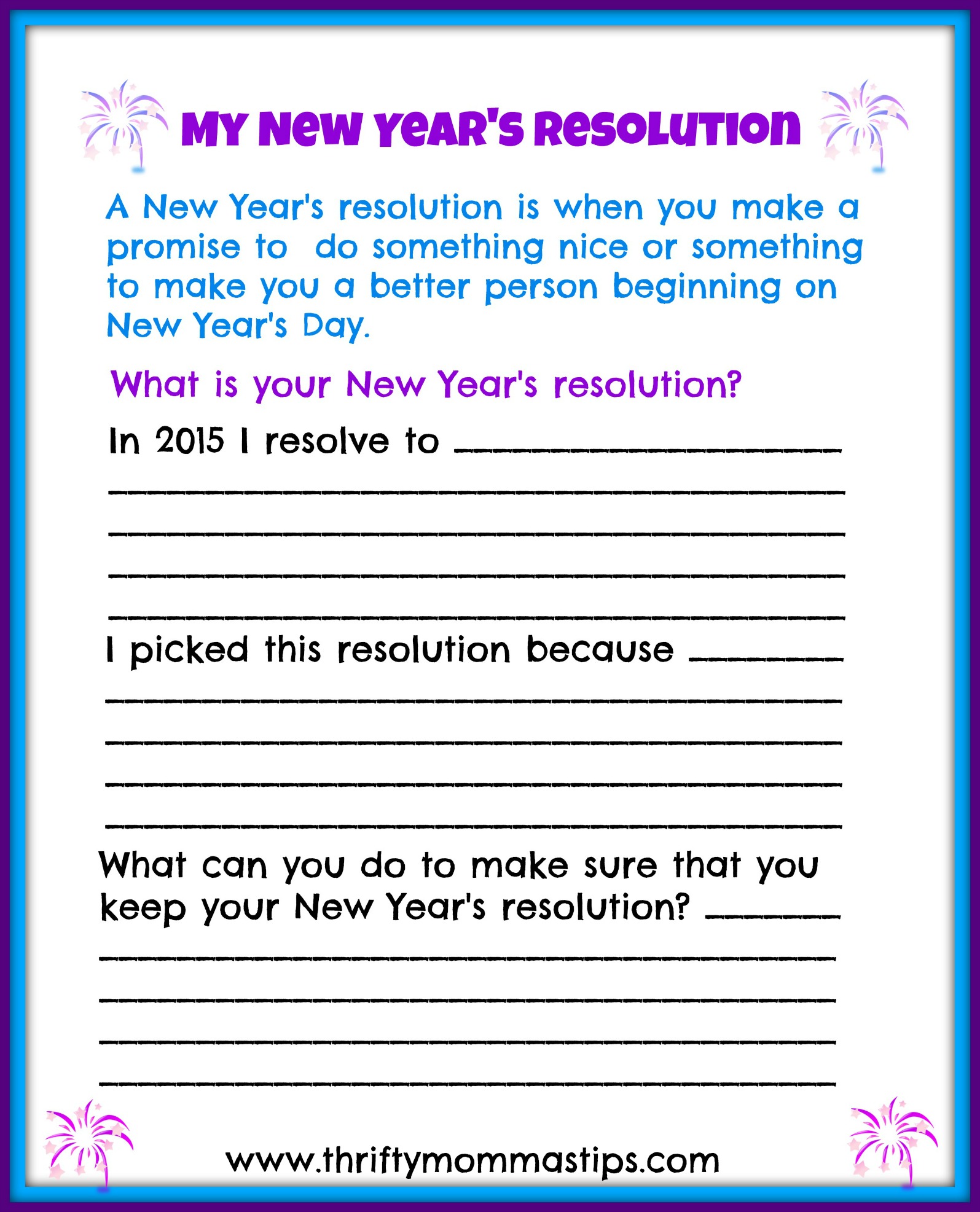 Children's New Years Resolutions Printable