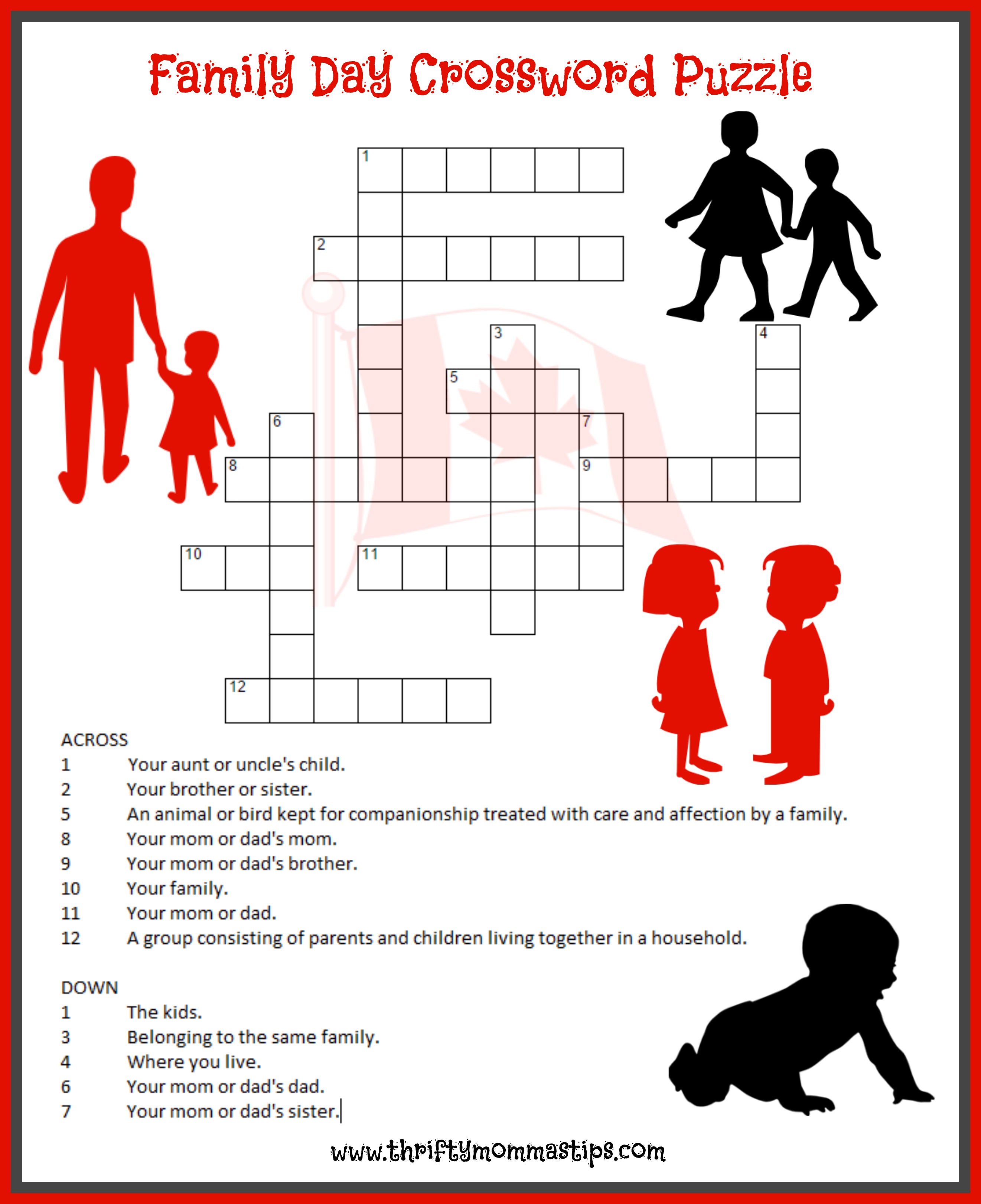 Family Day Crossword Puzzle Printable