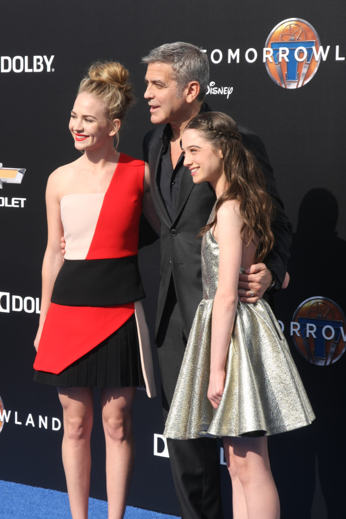 LOS ANGELES - MAY 9: Britt Robertson, George Clooney, Raffey Cassidy at the "Tomorrowland" Premiere at the AMC Downtown Disney on May 9, 2015 in Lake Buena Vista, CA