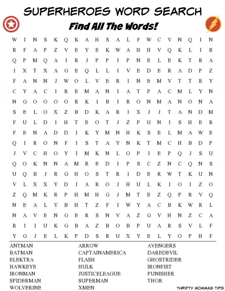 Superheroes Word Search Printable for Kids - Thrifty Mommas Tips