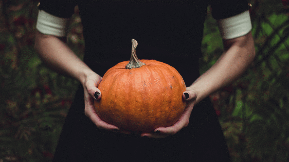 girl in black dress with sleeves to the elbow and close up of her hands and forearms holding a medium sized pumpkin that's not been carved yet