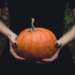 girl in black dress with sleeves to the elbow and close up of her hands and forearms holding a medium sized pumpkin that's not been carved yet