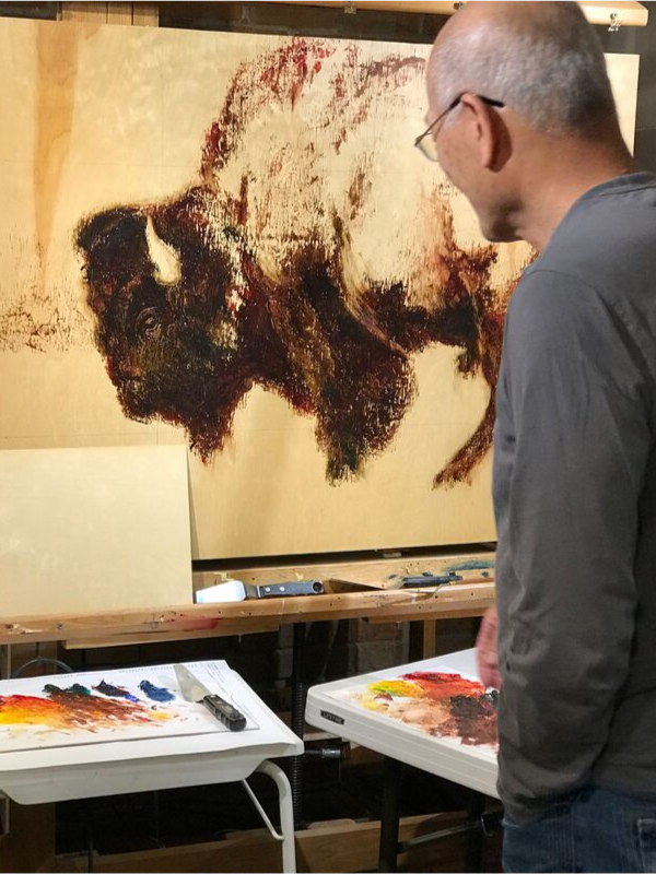 Harry_Koyama_art_studio_painting_a_bison_billings_montana
