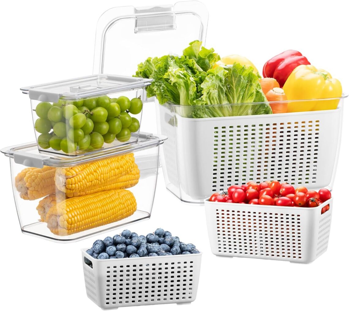 food storage containers with white mesh looking material plastic and vegetables sitting inside each clear plastic on the outside