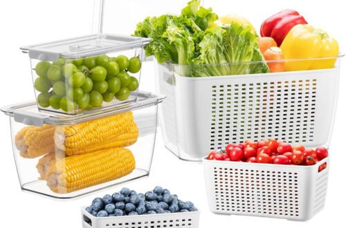 food storage containers with white mesh looking material plastic and vegetables sitting inside each clear plastic on the outside
