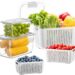food storage containers with white mesh looking material plastic and vegetables sitting inside each clear plastic on the outside