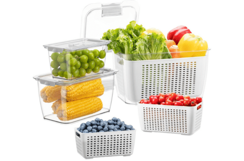 food storage containers full of bright fruits and vegetables. See through oblong containers of various sizes with plastic shelf inside that has holes and