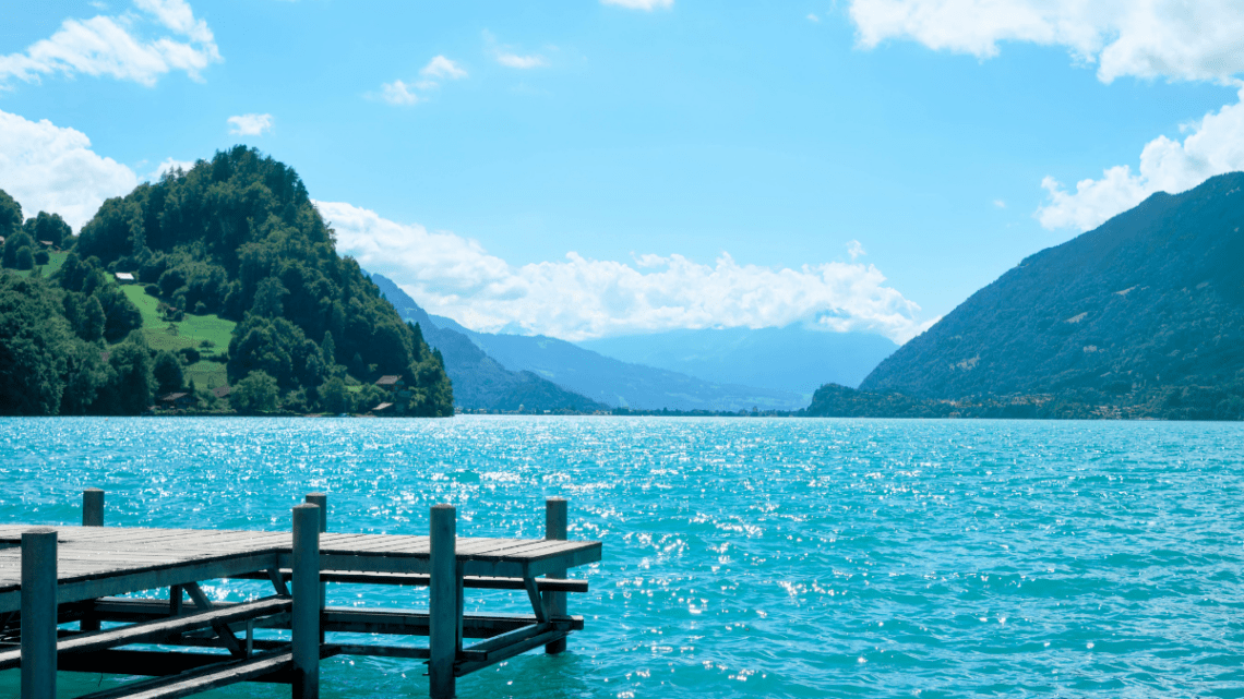 summer at the lake. blue lake and mountains in the background