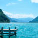 summer at the lake. blue lake and mountains in the background
