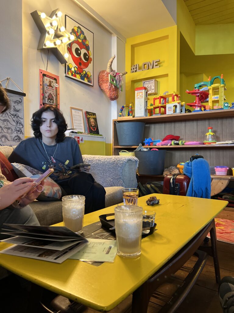 young person sitting in a vibrant cafe called Brownies with Downies in Alkmaar