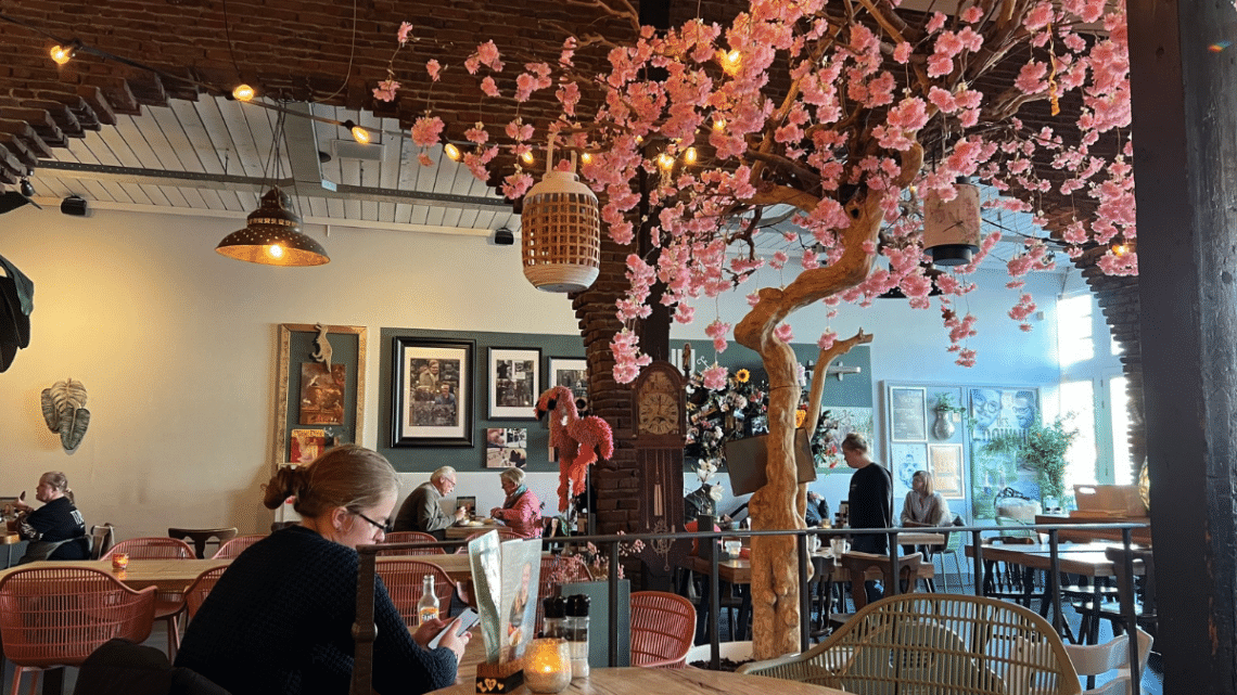 Inside a colourful restaurant in Alkmaar Netherlands. A woman is seated at a table in the foreground. There are cherry blossoms that are pink hanging from the ceiling off of a fake tree with twinkling lights and brown brick walls that make it look cozy. In behind a server is waiting on a table and the restaurant is about half full but not overly crowded. The server appears to have Down syndrome